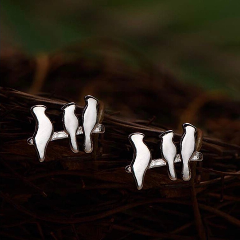 “Three Birds on a Branch” 925 Sterling Silver Friends Family Nature Hippie Studs - Picture 3 of 8